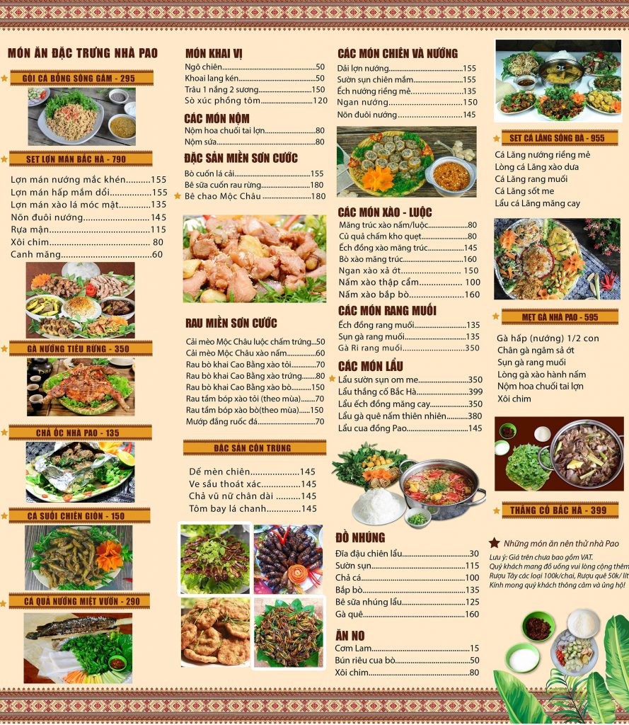 Menu Pao Quán có đa dạng món ăn để khách lựa chọn theo khẩu vị